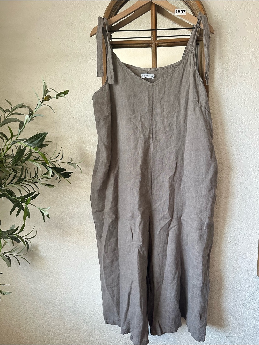 Splendid Iris Made in Italy 100% Linen Tie Strap Wide Leg Jumpsuit L/XL Taupe